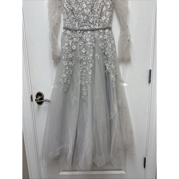 New Mac Duggal Size 4 Gray EMBELLISHED LONG SLEEVE A-LINE MIDI Cocktail Dress - Picture 6 of 11